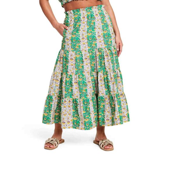 RHODE x Target Green & Yellow Floral Stripe Print Ruffled Tiered Maxi, XL - Picture 1 of 6